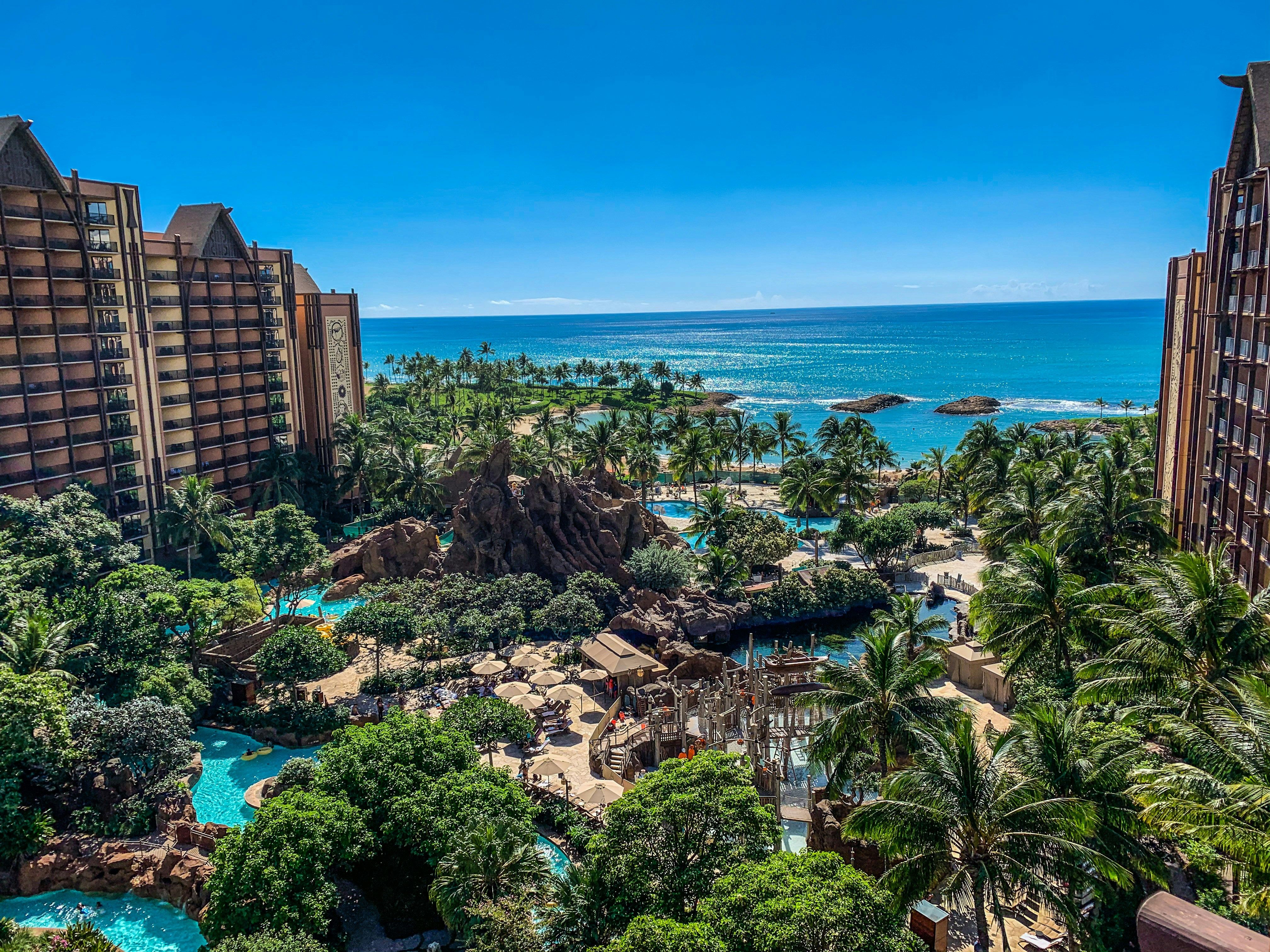 Aulani, A Disney Resort & Spa, with its lazy river and palm-lined pool deck on Oahu