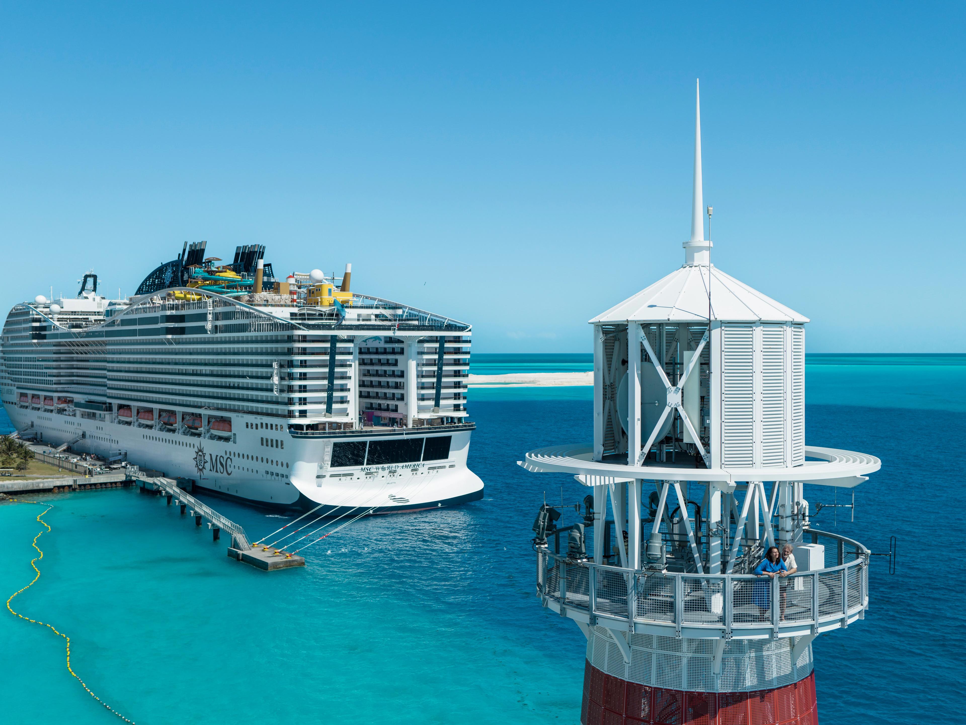 Lighthouse overlooking MSC cruise ship