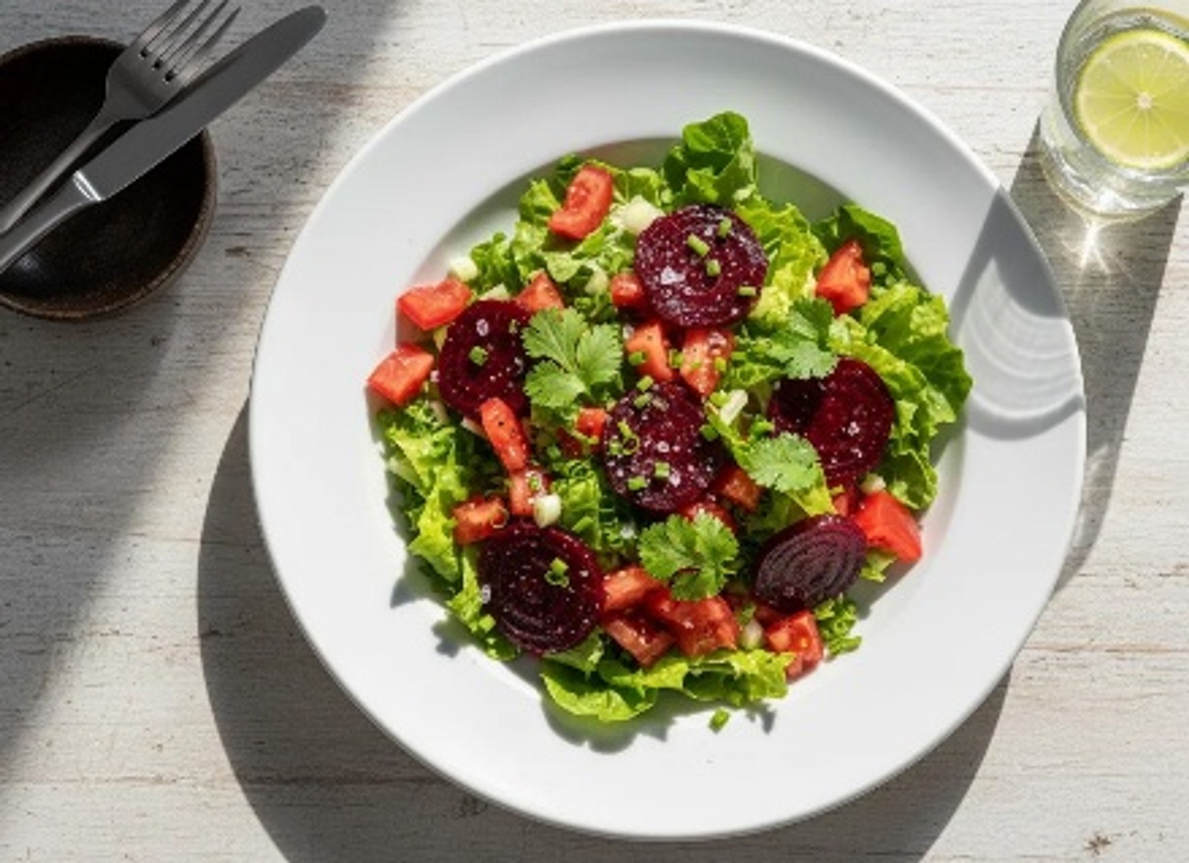 Beetroot, tomato and pomegranate salad on crisp lettuce