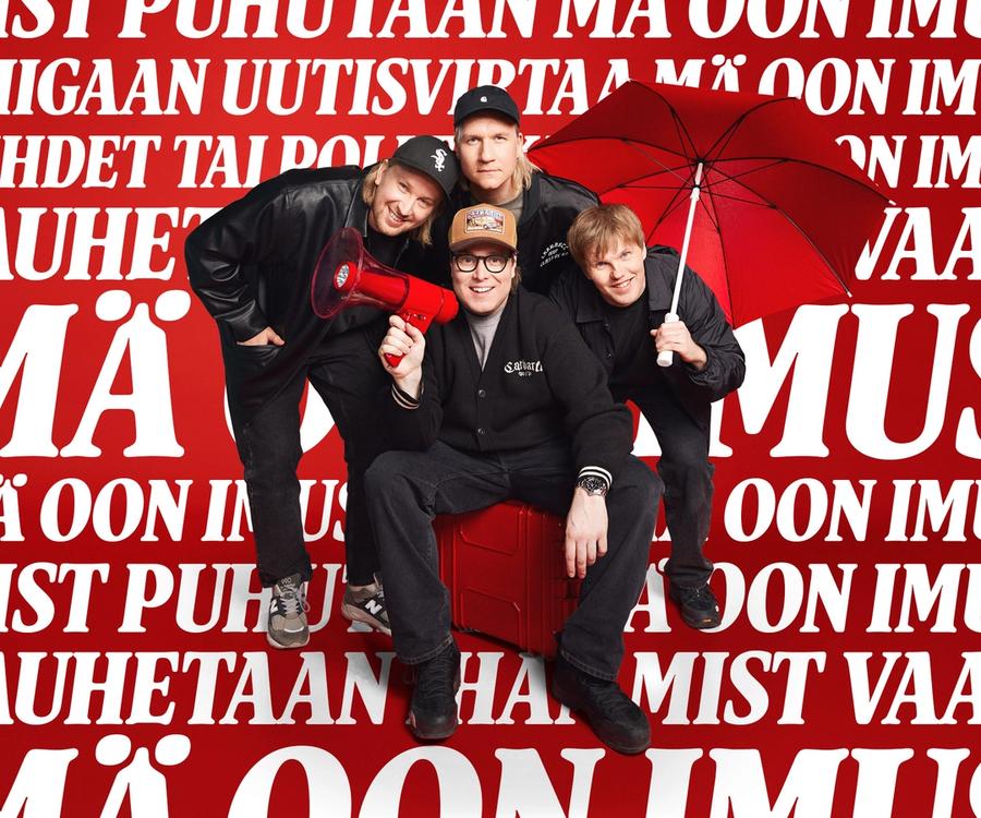 music band Gasellit in front of deep red fond with red umbrella and a megaphone