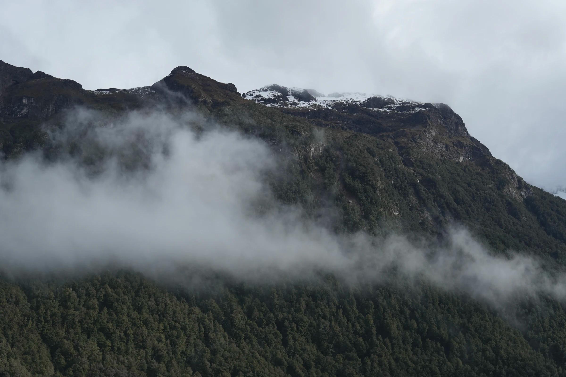 Lave skyer driver over en bratt, skogkledd fjellside over en fjorddal.