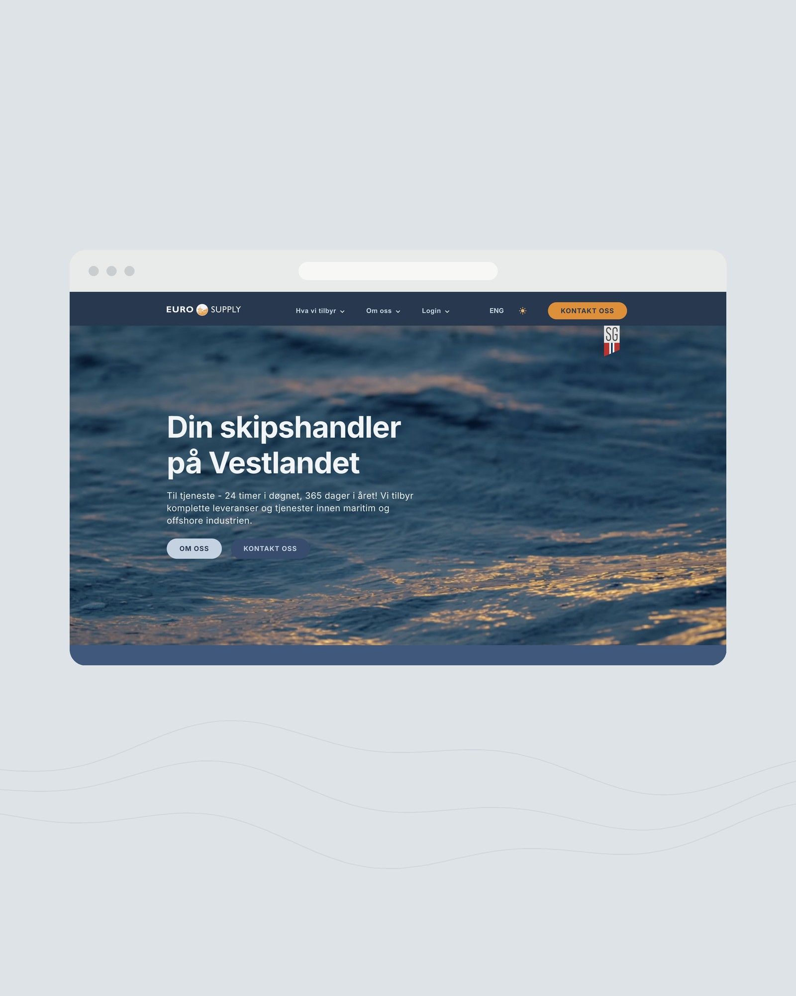 Nettsidene til Eurosupply i et nettleservindu: «Din skipshandler på Vestlandet», over havet.