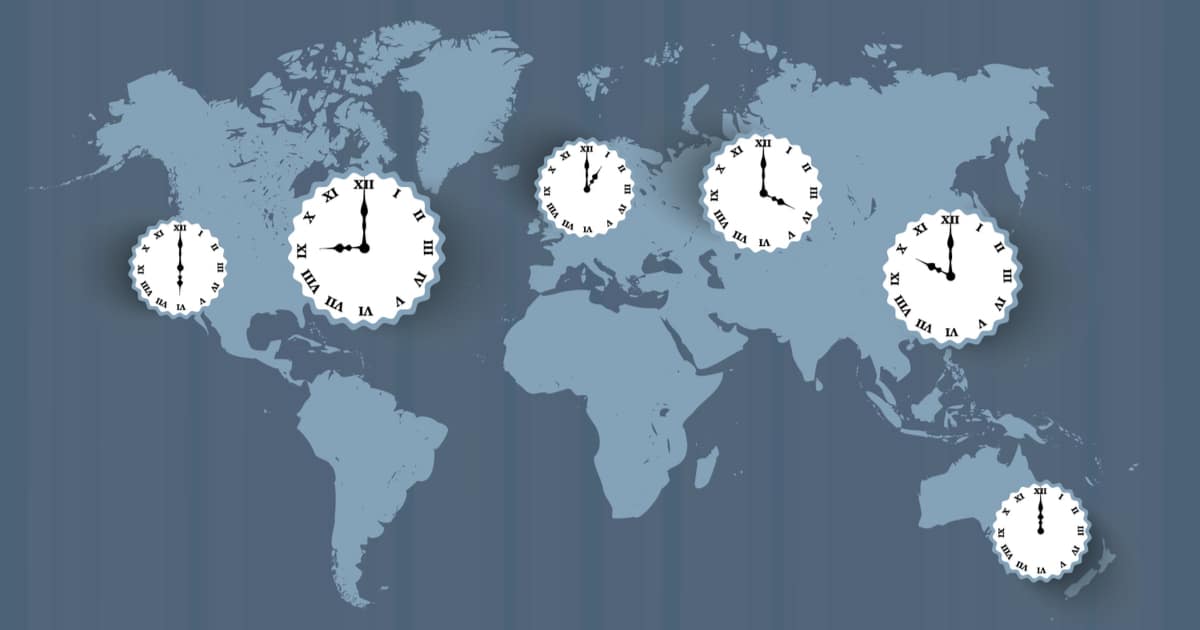 Clocks on world map to illustrate time zones