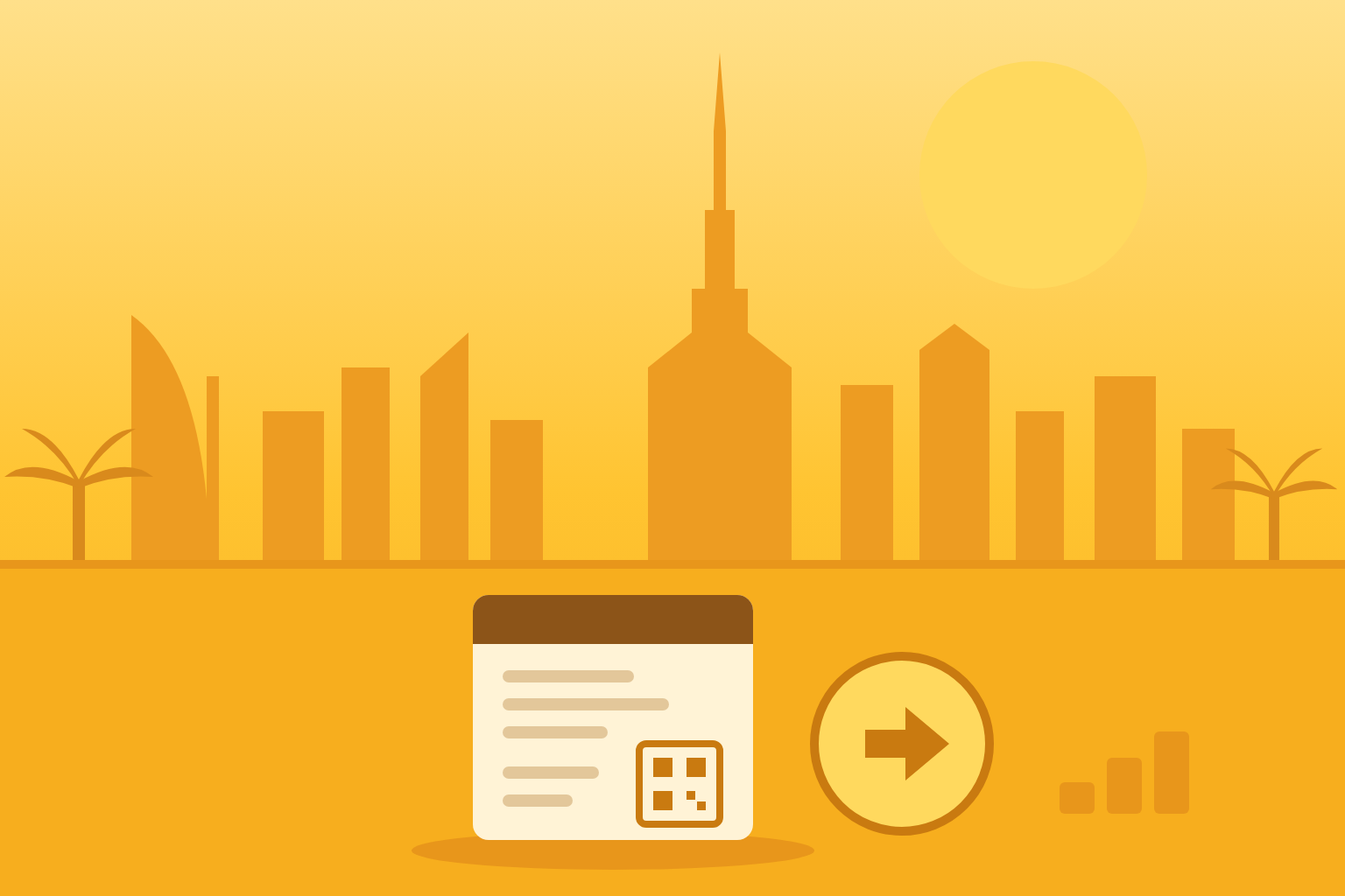UAE e-invoicing 2027: digital invoice with QR code and sending arrow against the Dubai skyline