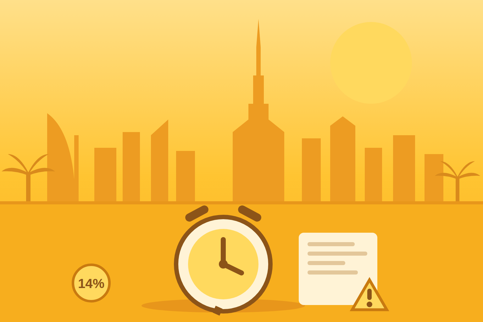 UAE tax penalties: alarm clock, tax notice with warning sign and the 14% annual interest