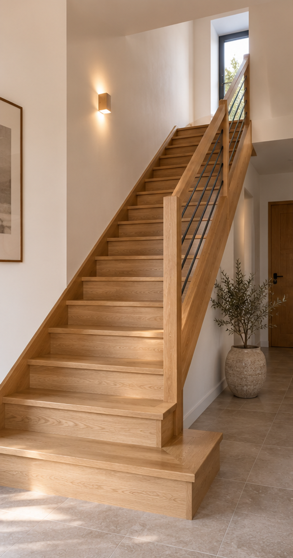 Vue d'ensemble de l'escalier. Le choix des matériaux ainsi que le design ont étés éffectués après un échange avec notre client