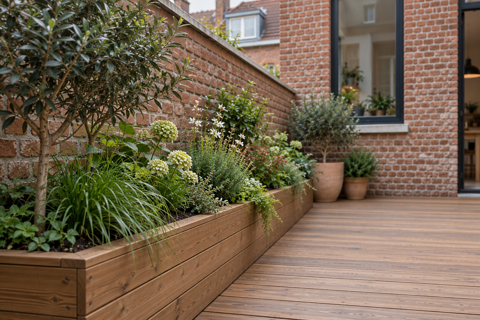 Détail du bac de plantes. Celui ci est relié directement à la terre, avec des baches pour proteger la boiserie.