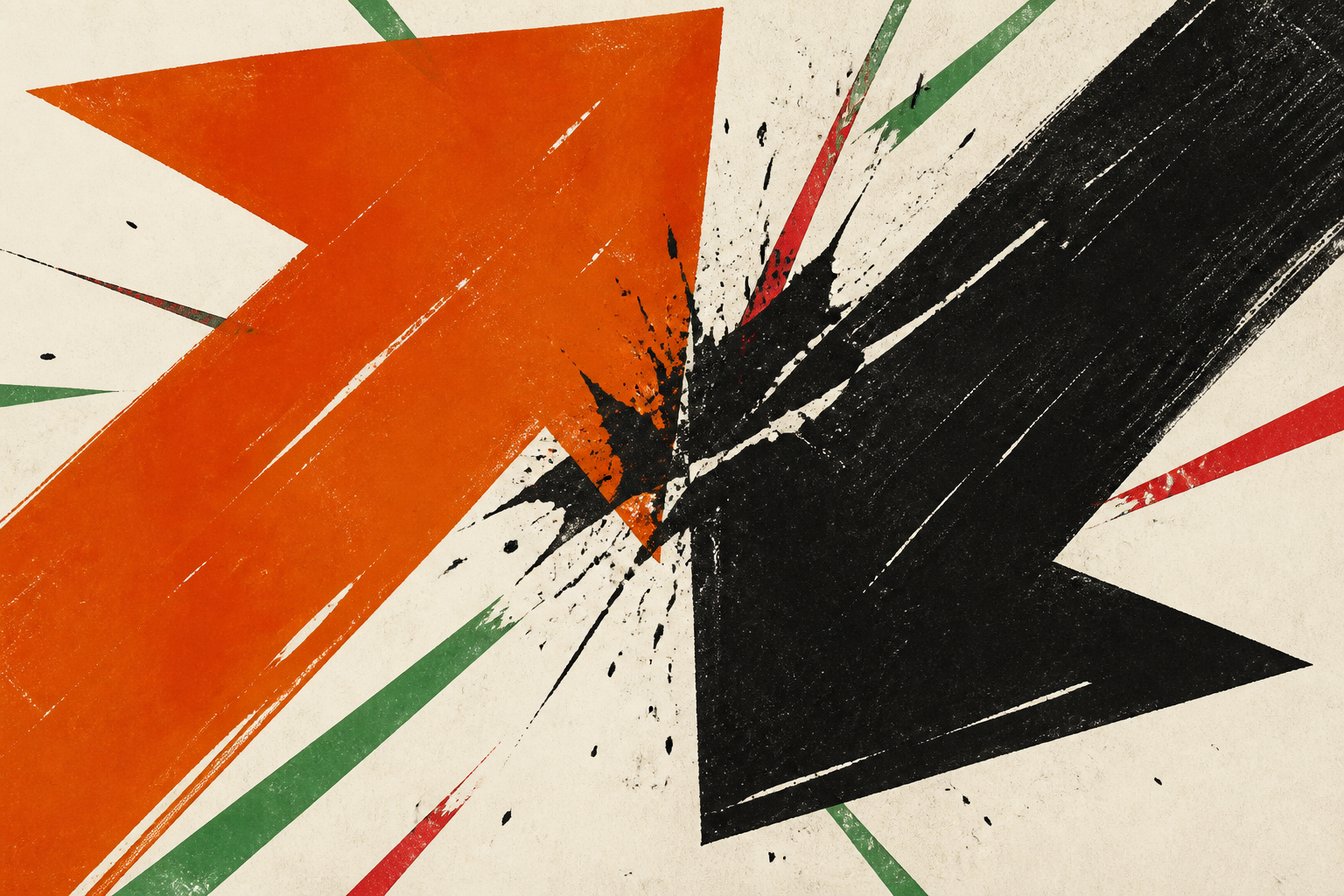 Colliding up and down arrows on paper.