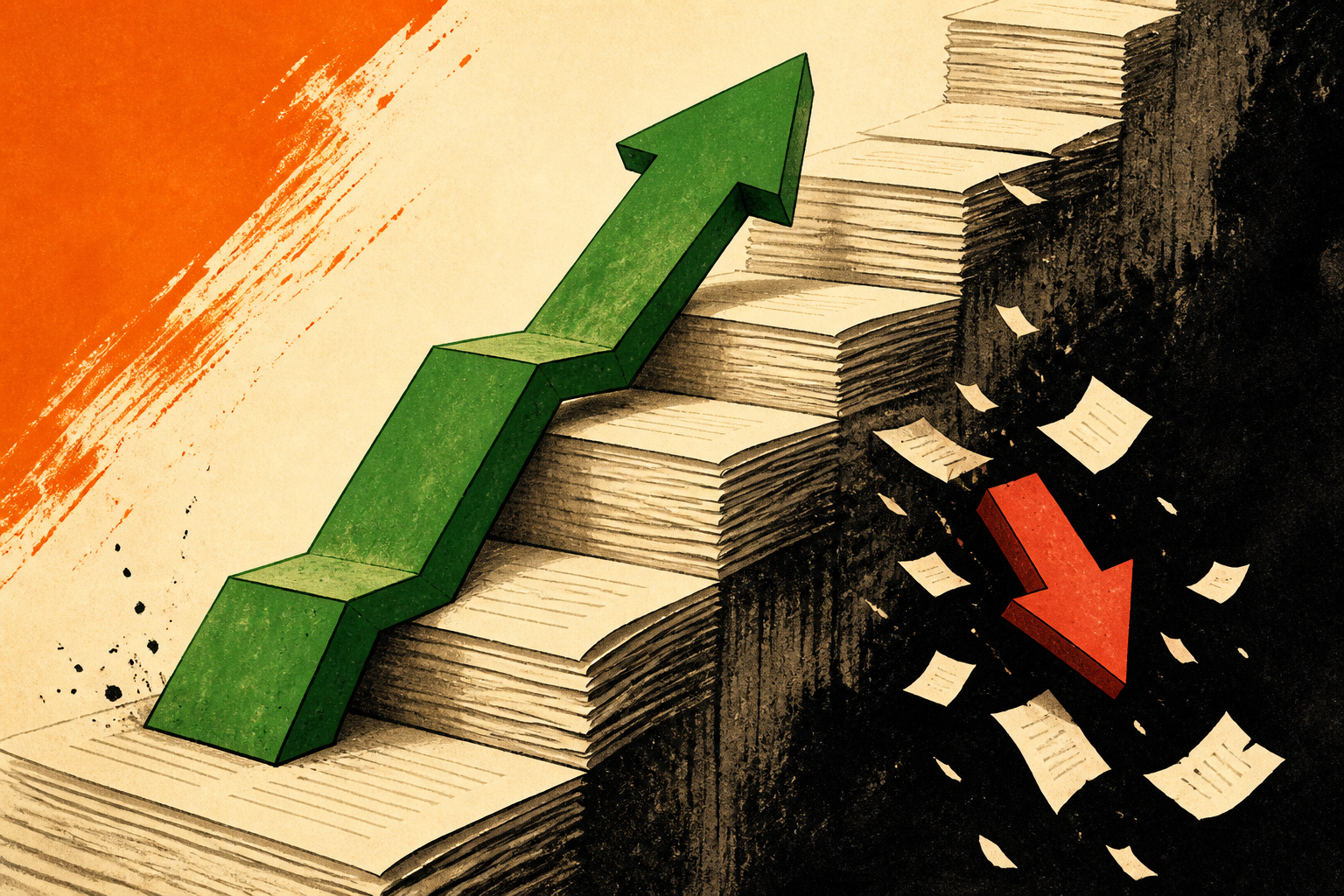 A green arrow climbing paper stairs, a red arrow falling.