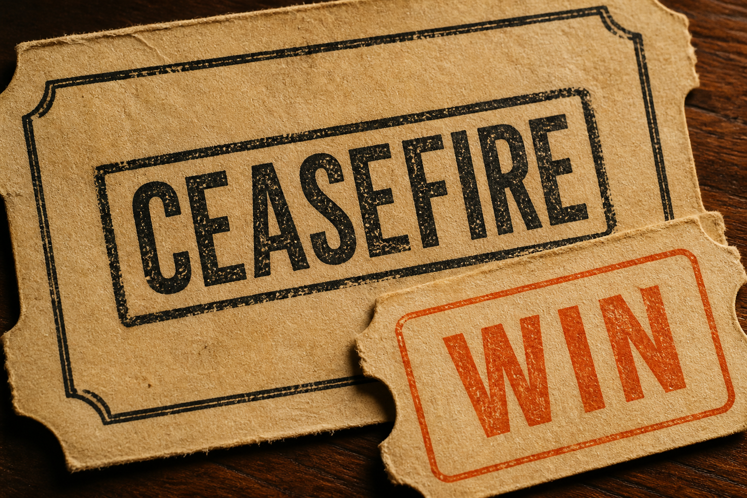 A manila ticket stamped CEASEFIRE beside a smaller ticket stamped WIN. No faces. No dollar figures. No flags.