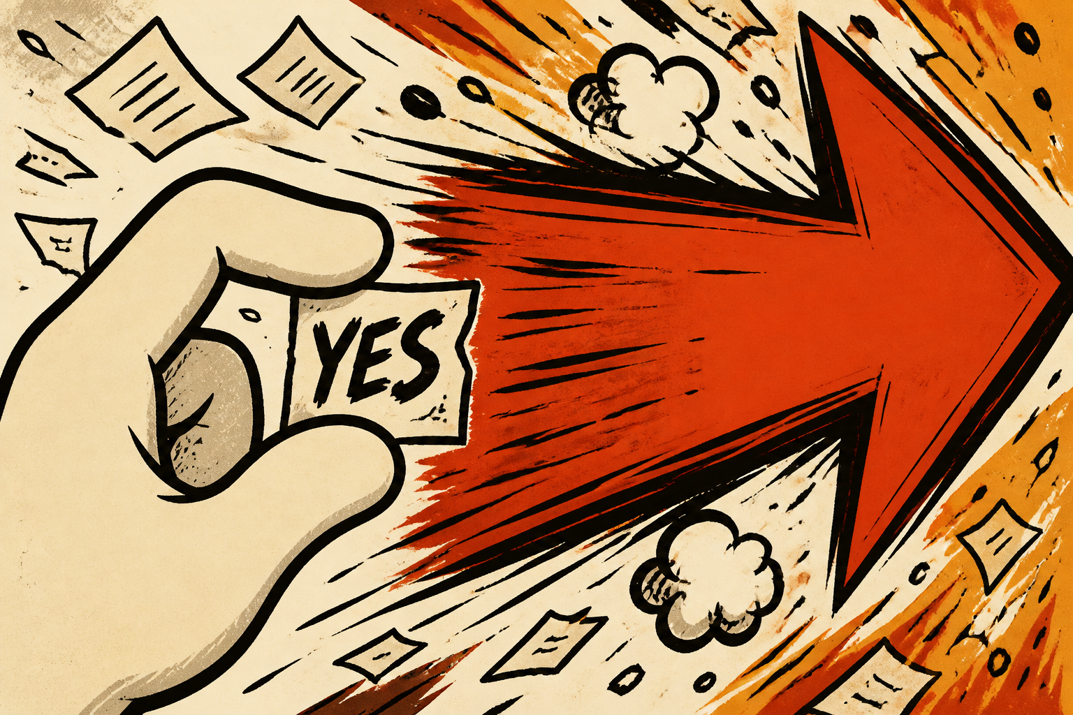 A hand holding a YES slip as a red arrow blasts past.