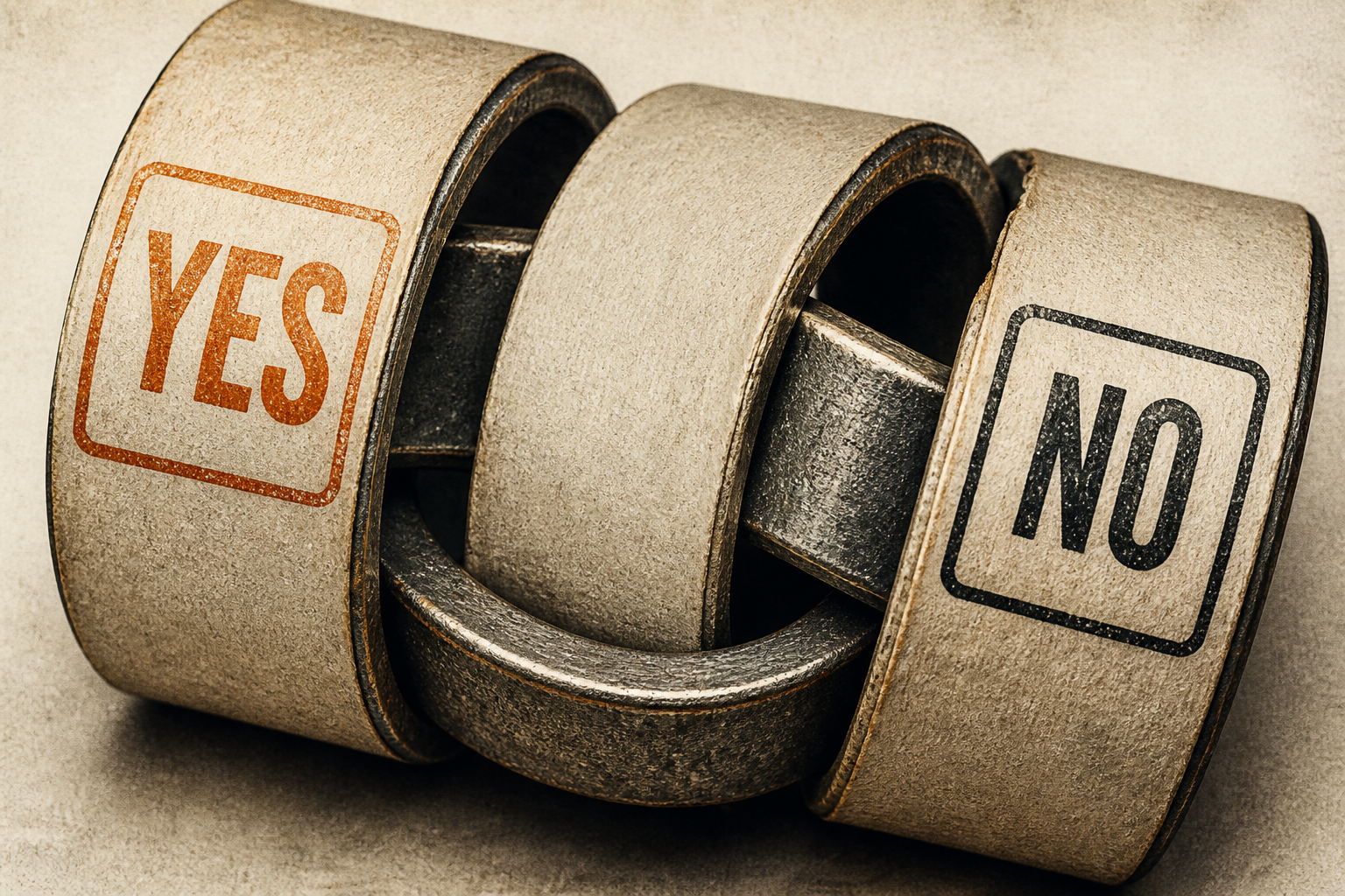 Interlocking paper rings stamped YES and NO.