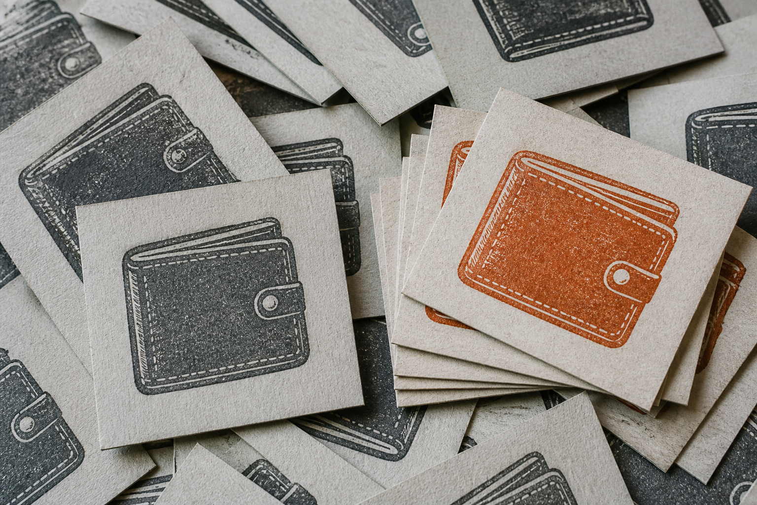 Scattered paper cards stamped with a wallet mark, one orange cluster.