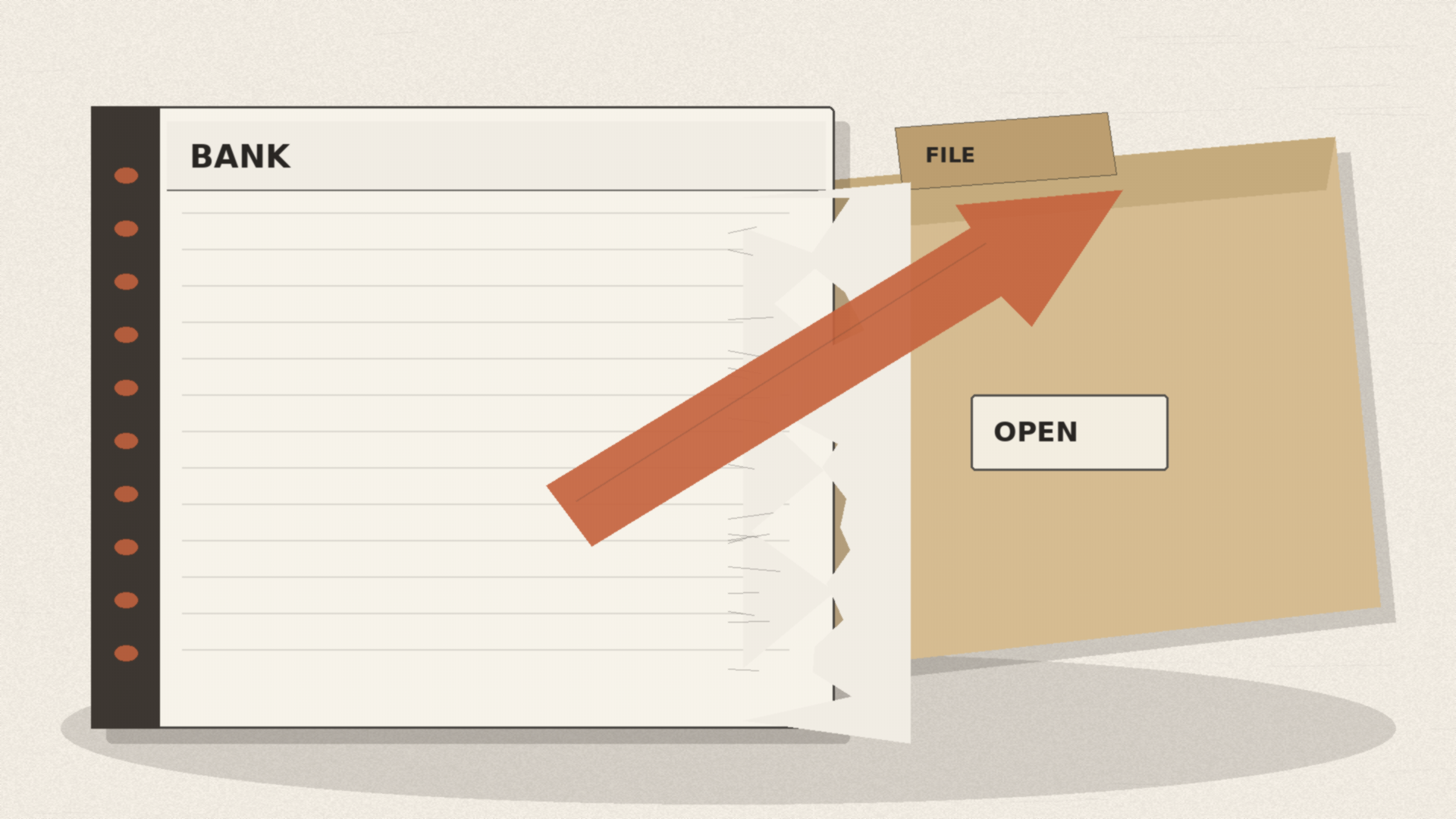 A torn paper bank ledger beside a still-open manila file, with an orange arrow between them. No figures.