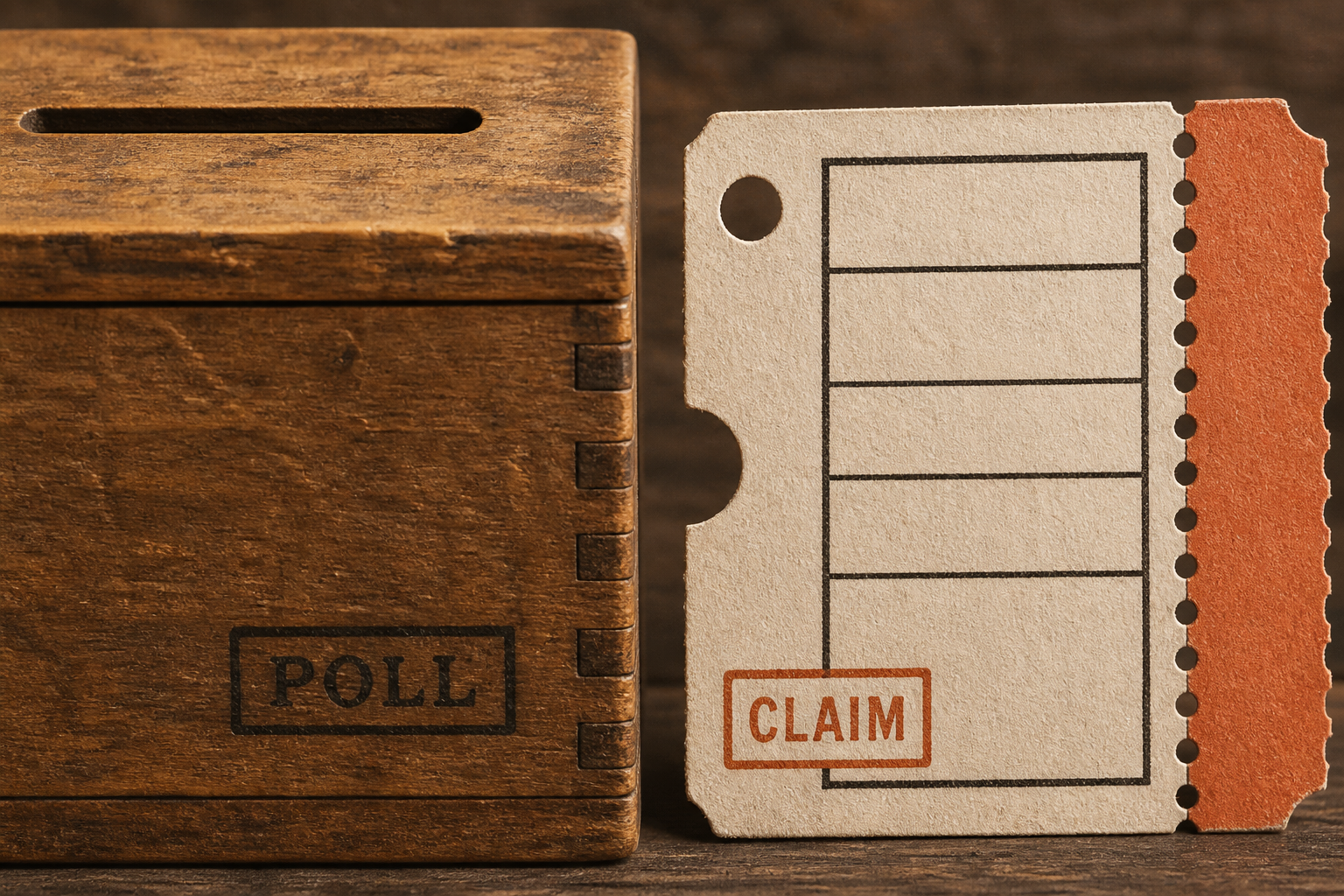 A wooden ballot box beside a punched claim ticket.