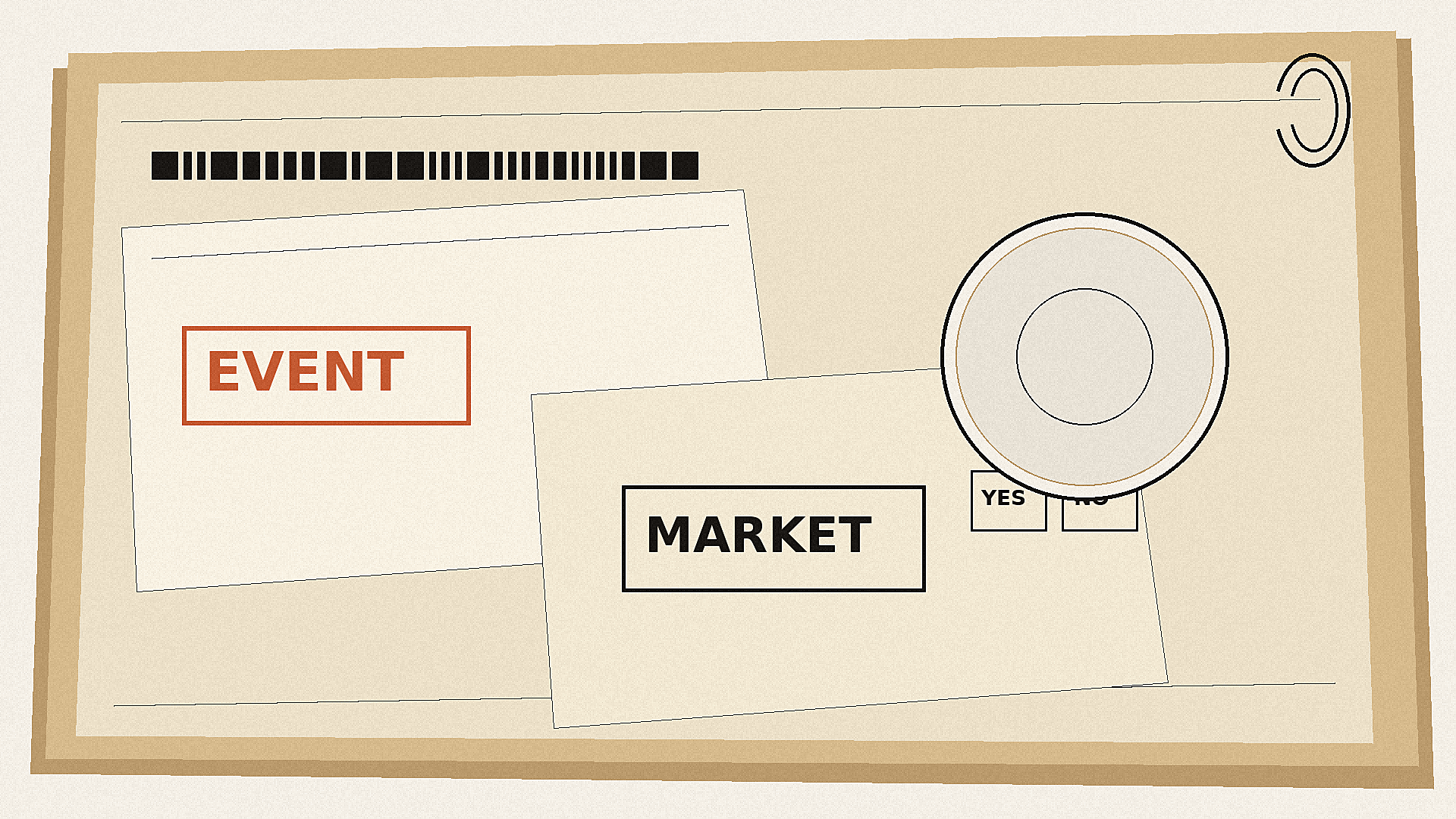 A manila profile card filling the frame. EVENT and MARKET tickets do not line up. A punched hole shows empty paper. No faces. No prices. No headline.