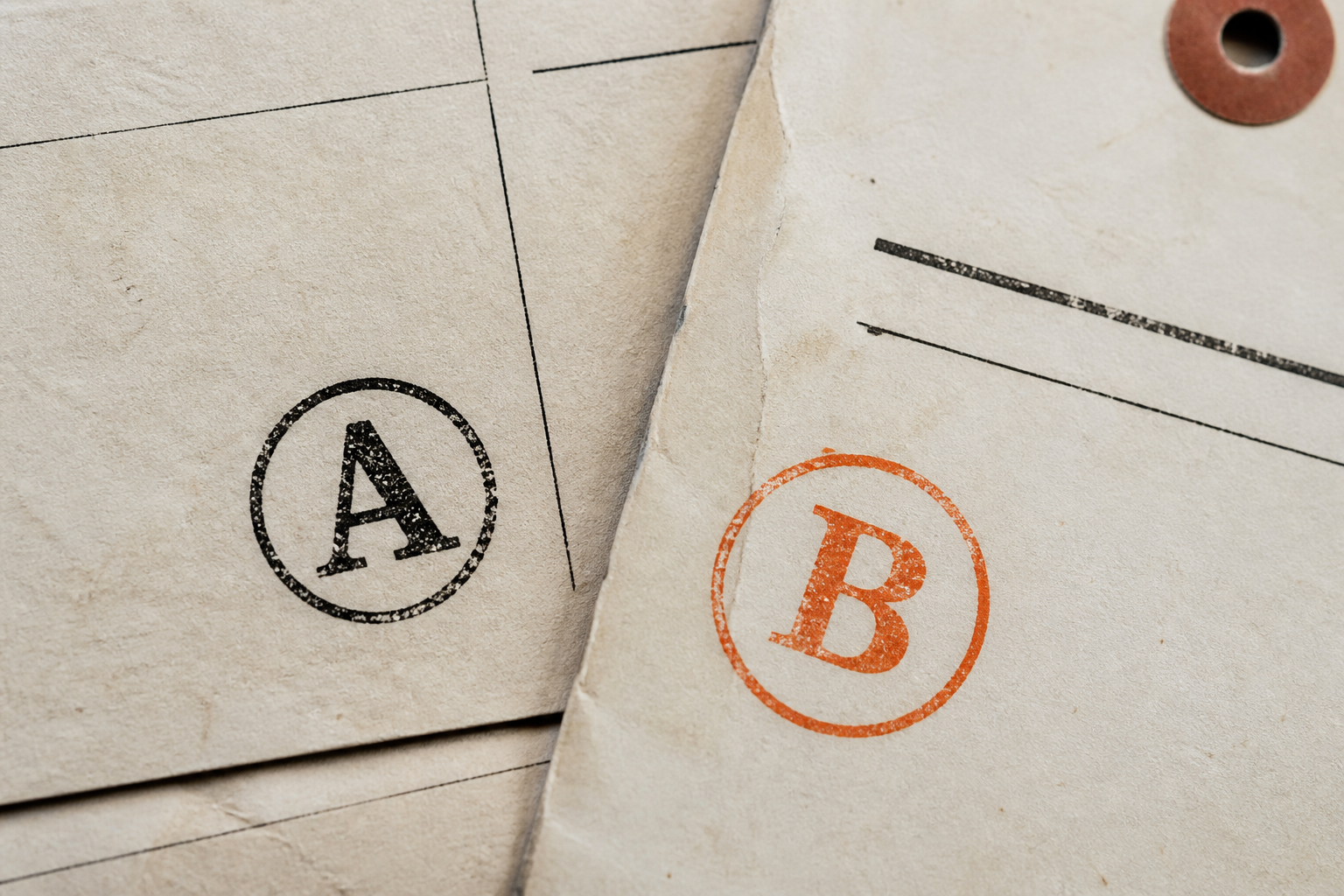 Two overlapping stamped documents labeled A and B.