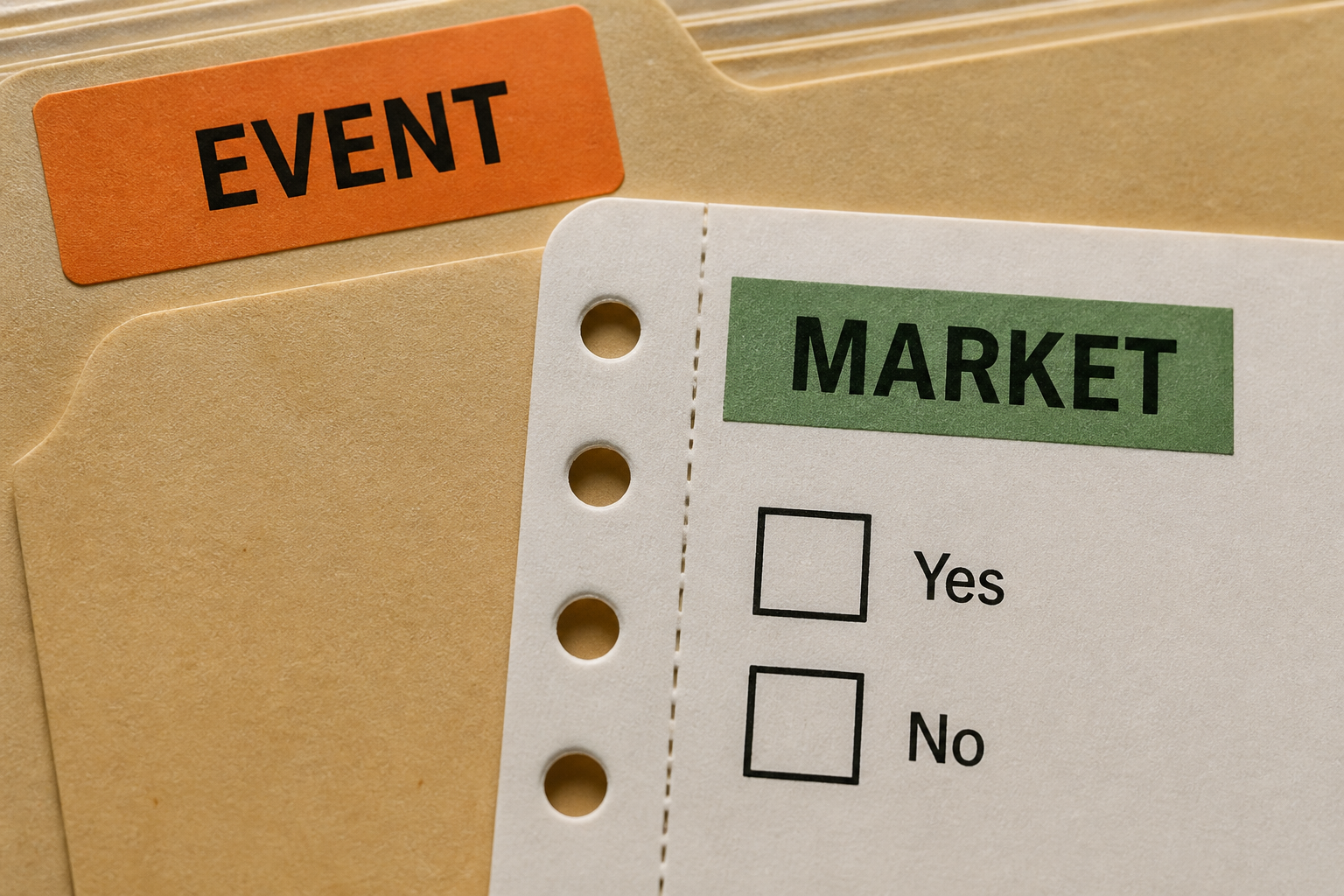 A manila EVENT folder holding a MARKET ticket with empty Yes/No boxes.