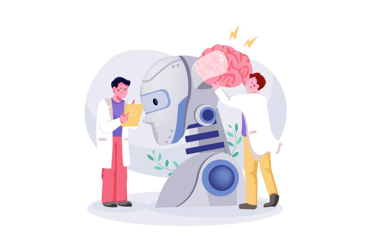 Illustration of two people in lab coats fitting a brain into a robot's head