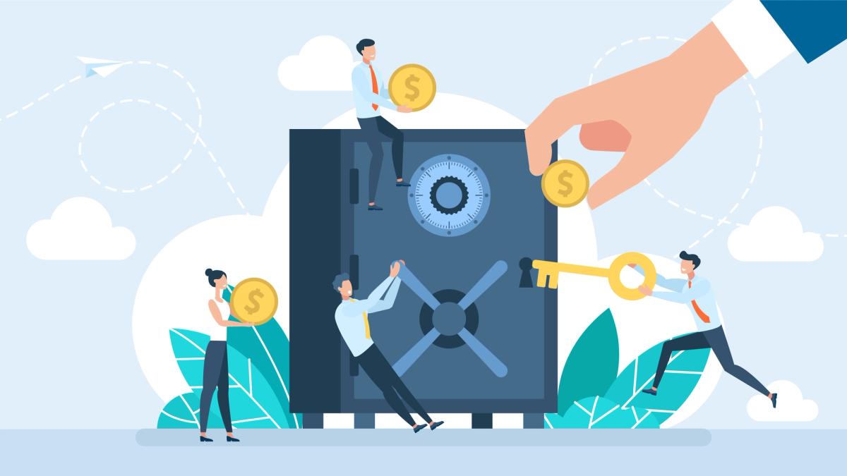 Illustration of office workers using a giant key and gold coins to open a safe