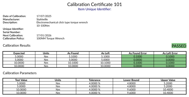 Sample KIT generated Calibration Certificate