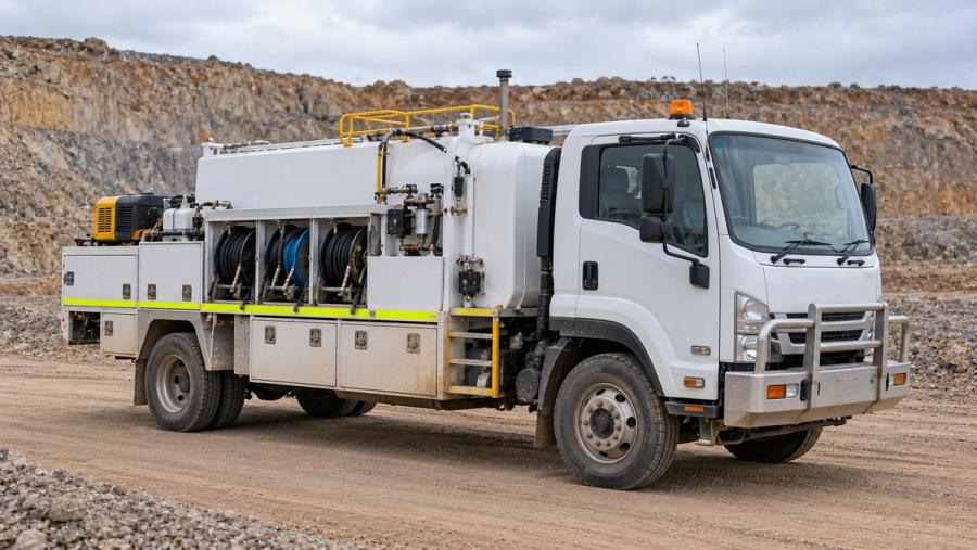 Service truck with fuel and lube body parked on a quarry haul road