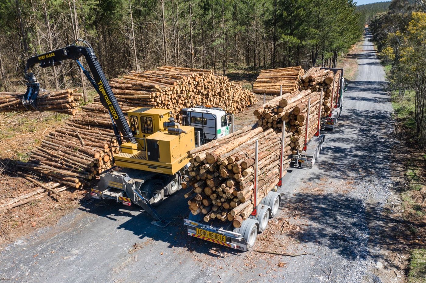 A log loader stacking timber onto a logging truck