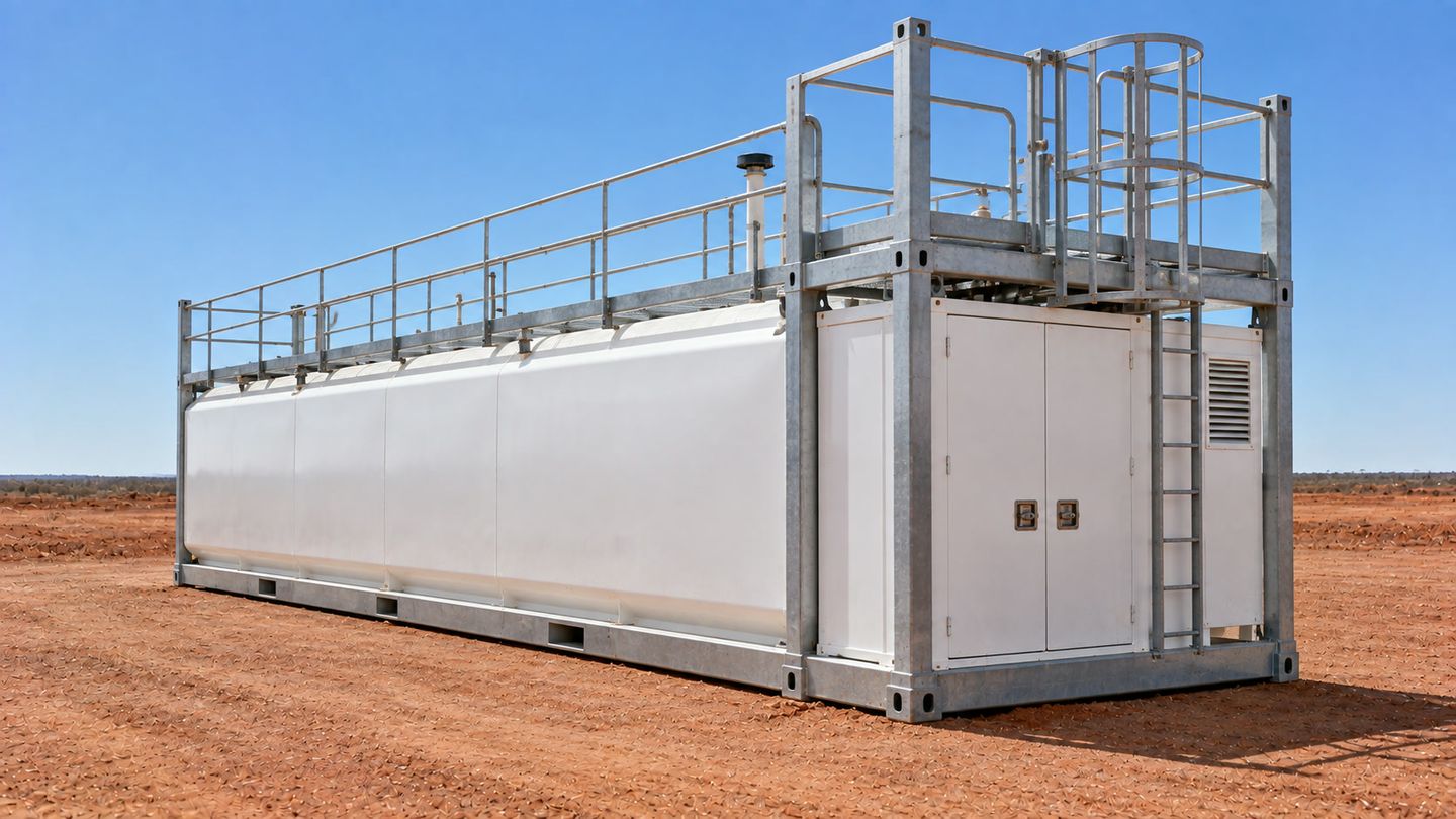 Containerised self bunded diesel tank in its ISO frame, pump bay doors closed