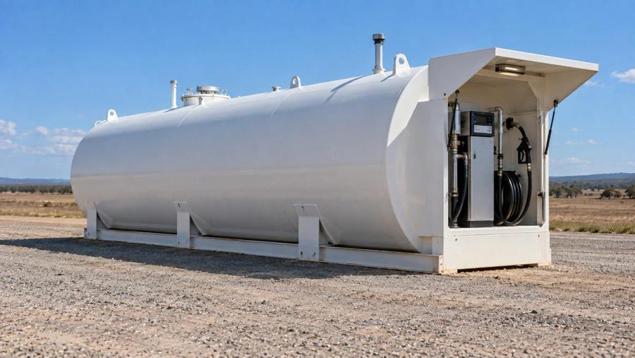 Self bunded canopy tank with its pump bay open