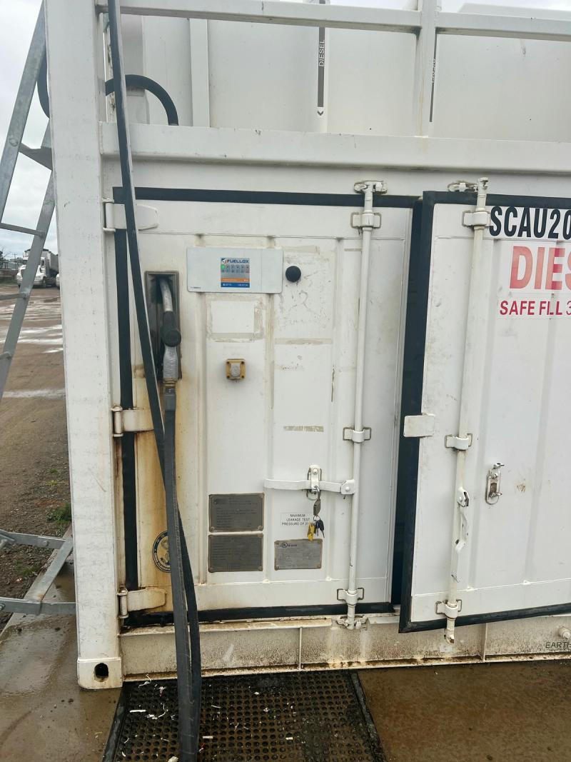 A shipping-container fuel store with a Fuellox unit fitted in its pump bay door