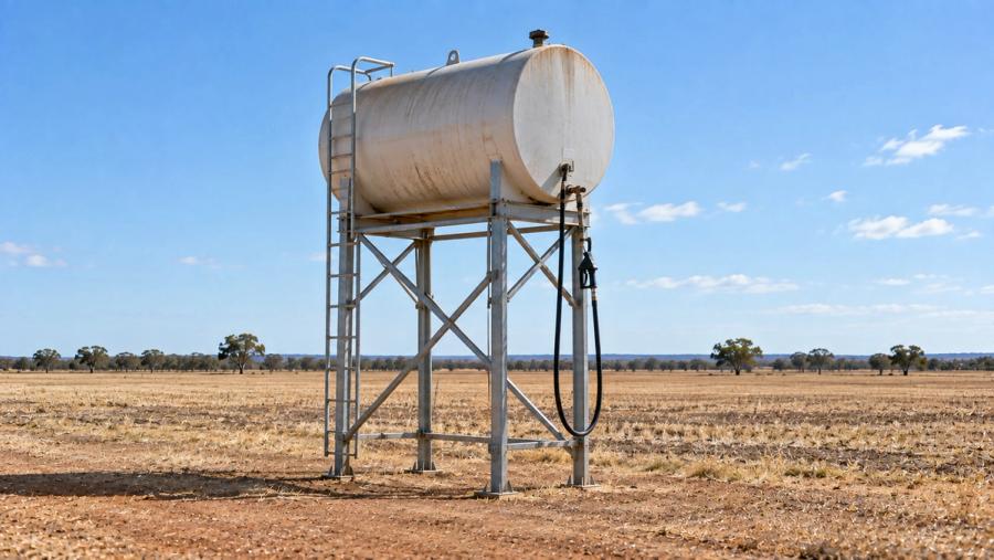 Overhead farm diesel tank on a stand in a stubble paddock