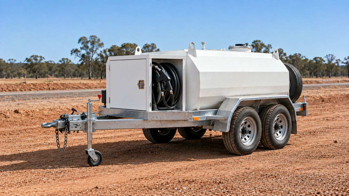 Steel diesel fuel trailer parked on a graded site