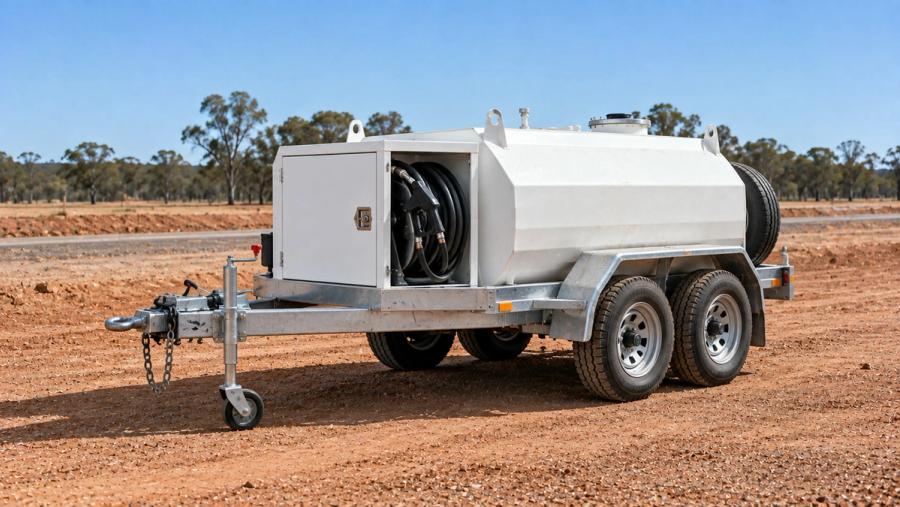 Steel diesel fuel trailer parked on a graded site
