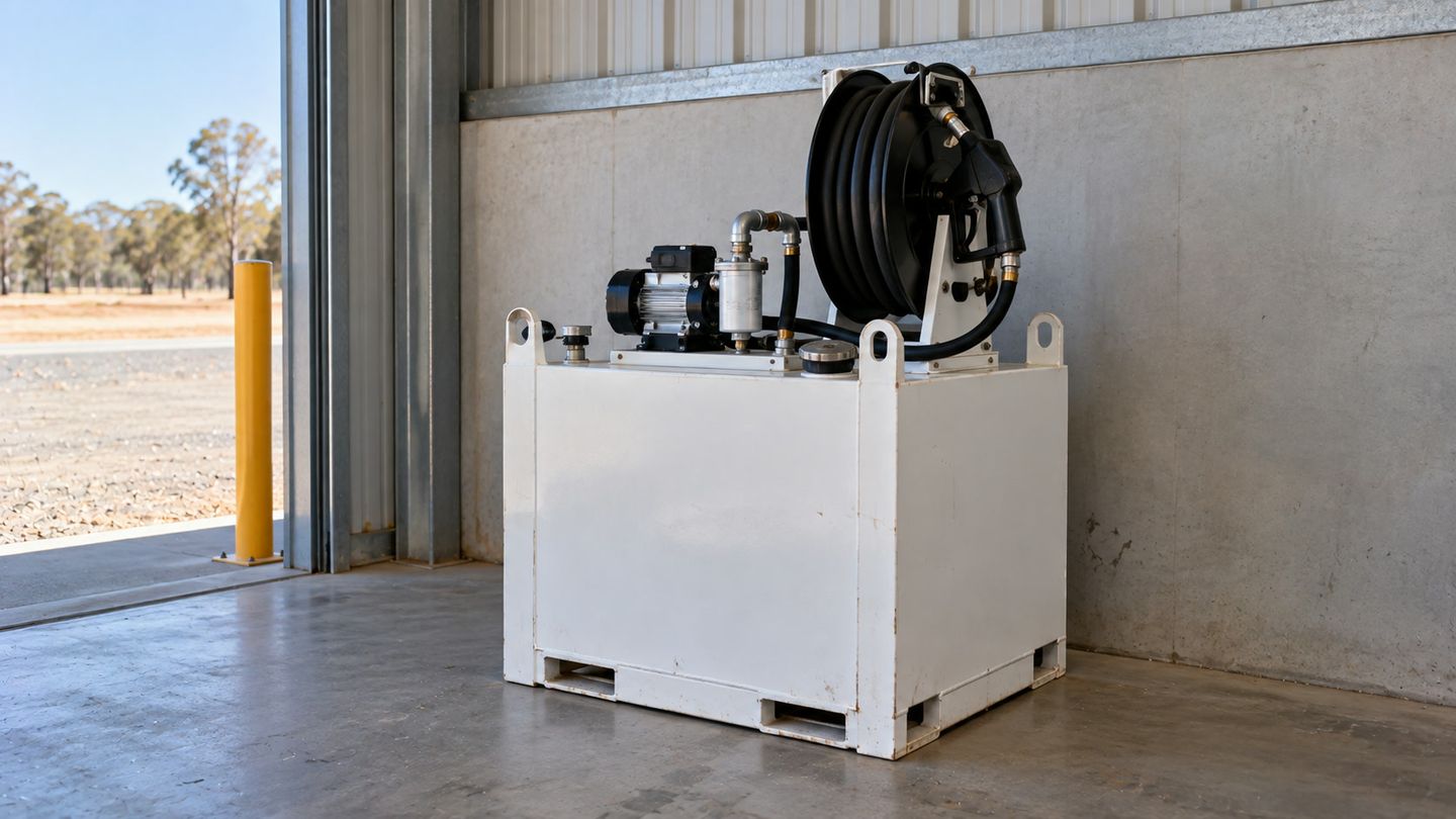 Steel cube workshop diesel tank with pump and hose reel in a service bay
