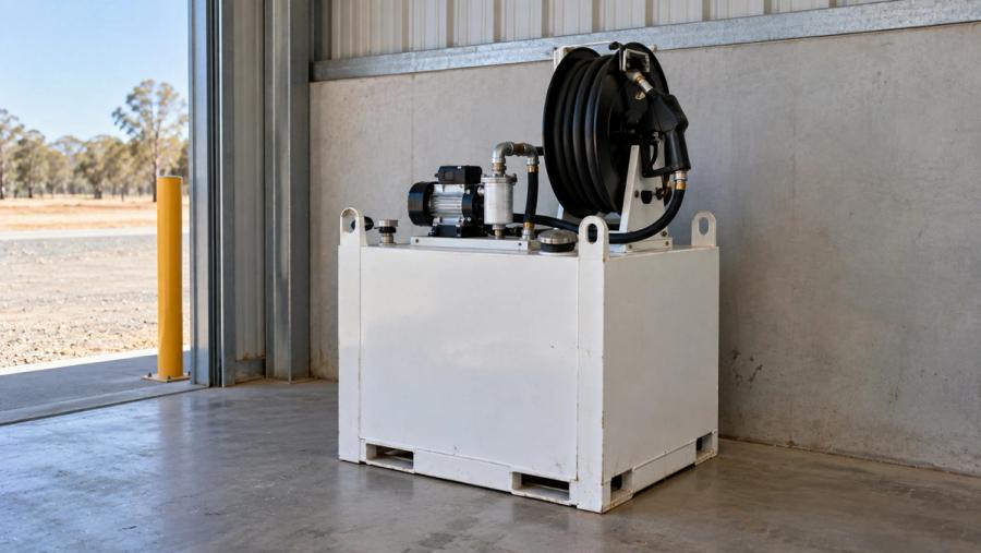 Steel cube workshop diesel tank with pump and hose reel in a service bay