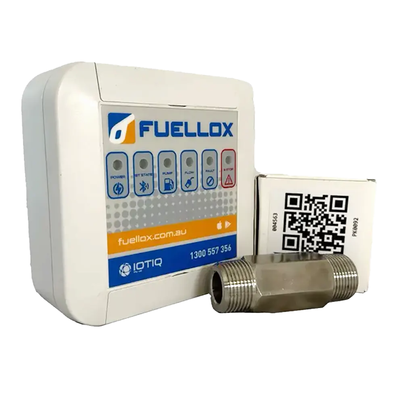 The Fuellox Starter Pack: the Fuellox controller, a QR tag and an inline fitting