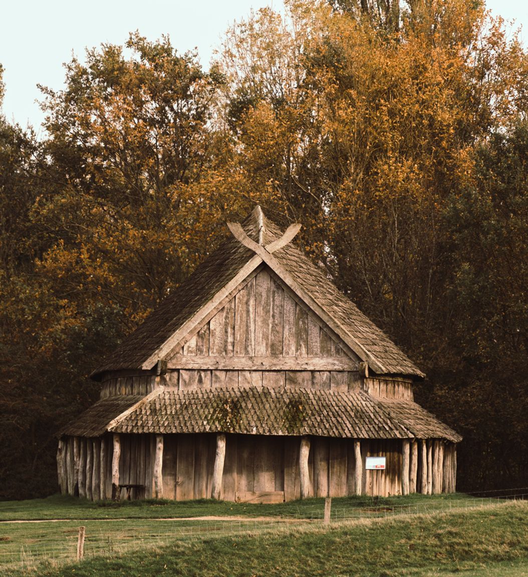 Fotografi af langhusets ene gavl med trætoppe i baggrunden