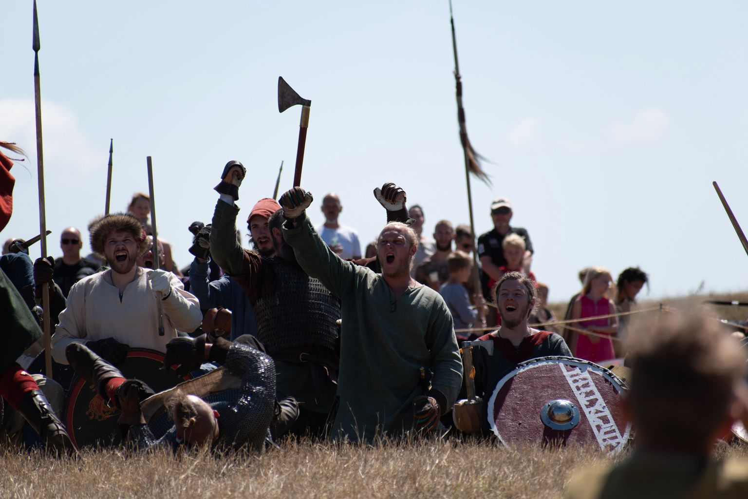 Vikingekrigere råber sejrsbrøl med hævede økser under Trelleborgs vikingefestival, mens publikum ser til.