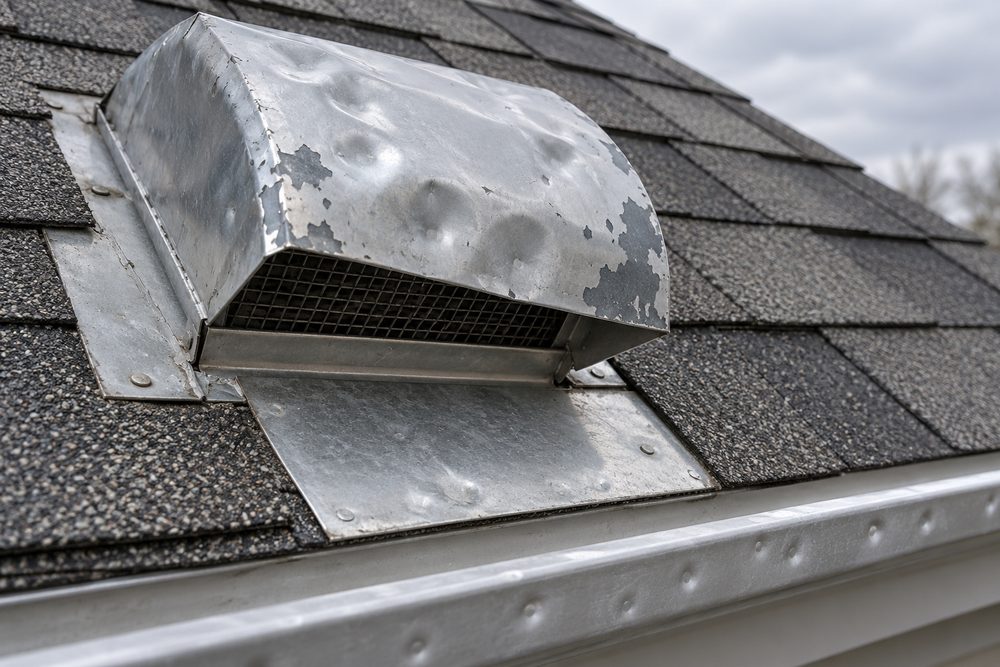 Metal roof vent hood dented by hail with the paint chipped, and a gutter edge below showing a line of dimples