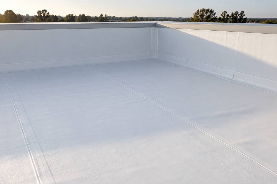 White TPO membrane roof with heat-welded seams turning up a low parapet wall