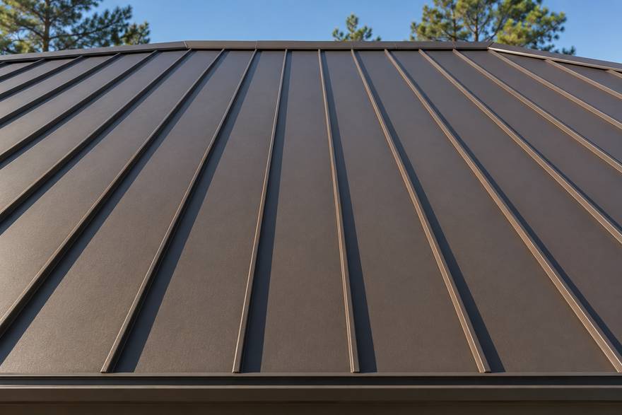 Dark bronze standing seam metal roof with raised seams running up the slope