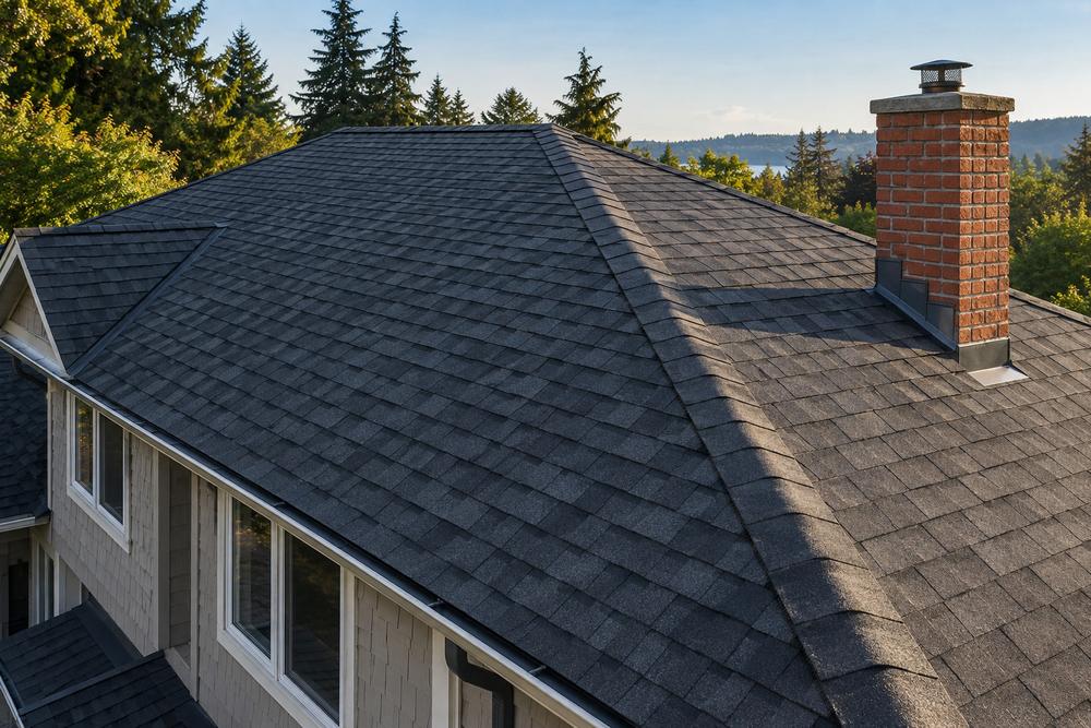Newly installed charcoal architectural shingle roof with a brick chimney on a two-storey home