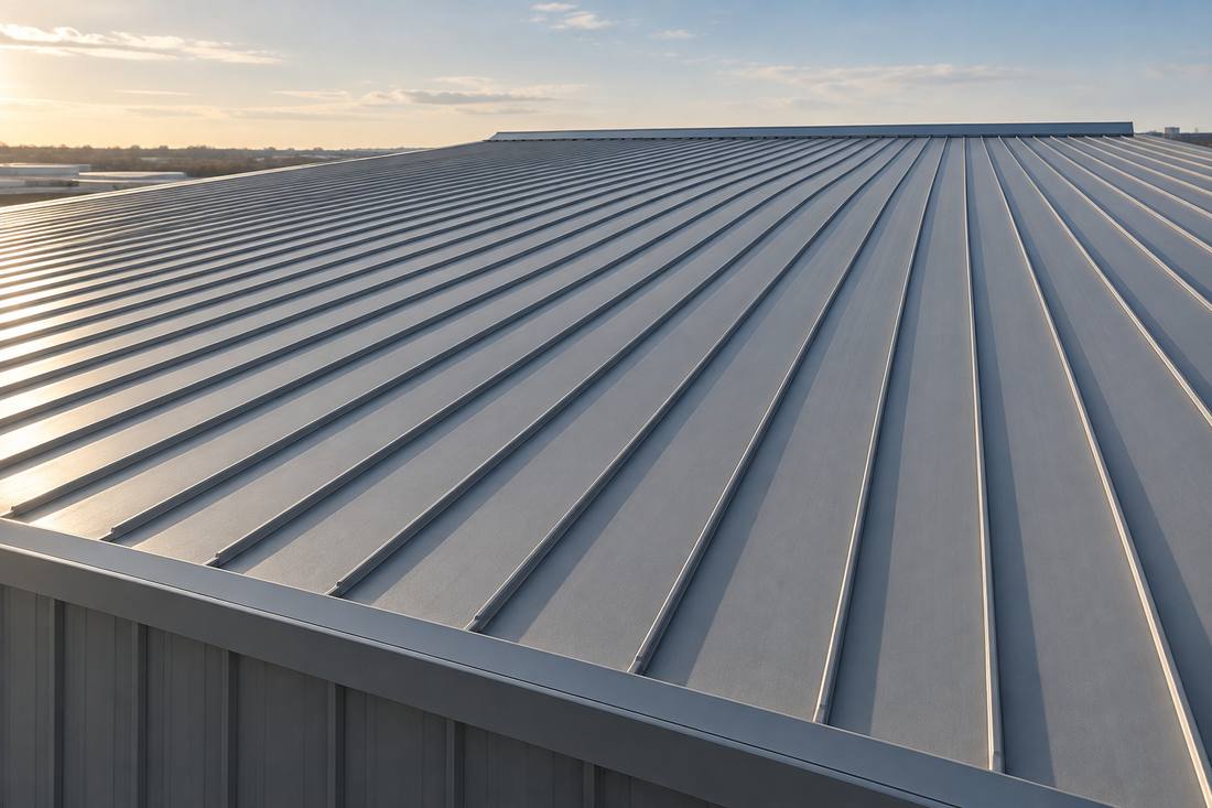 Commercial standing seam metal roof with seams running toward the ridge