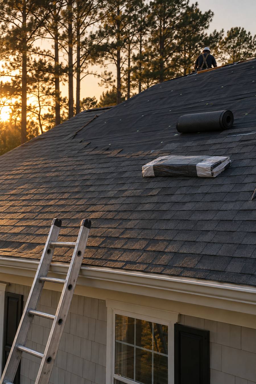 A Madewell Exteriors roofer working on a shingle roof at sunset, ladder set against the eave