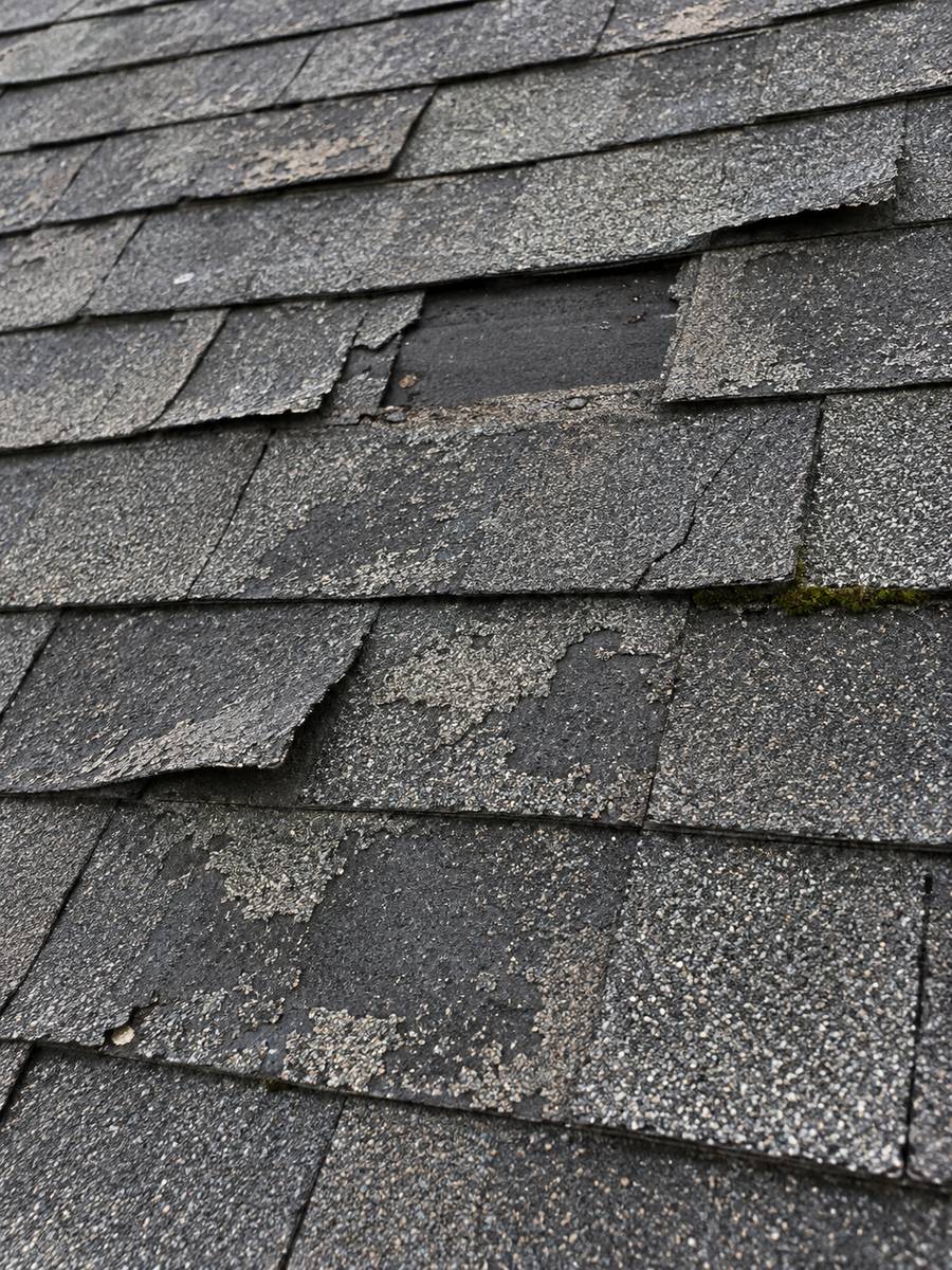 Aged asphalt shingles showing granule loss, cracking and lifted edges