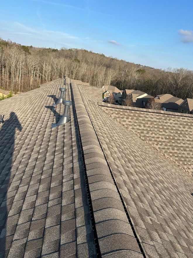 Ridge vent and new shingles with a winter treeline behind