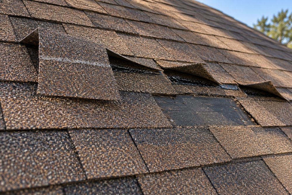 Brown asphalt shingle tabs lifted and folded back by wind, with the exposed black sealant strip and underlayment beneath