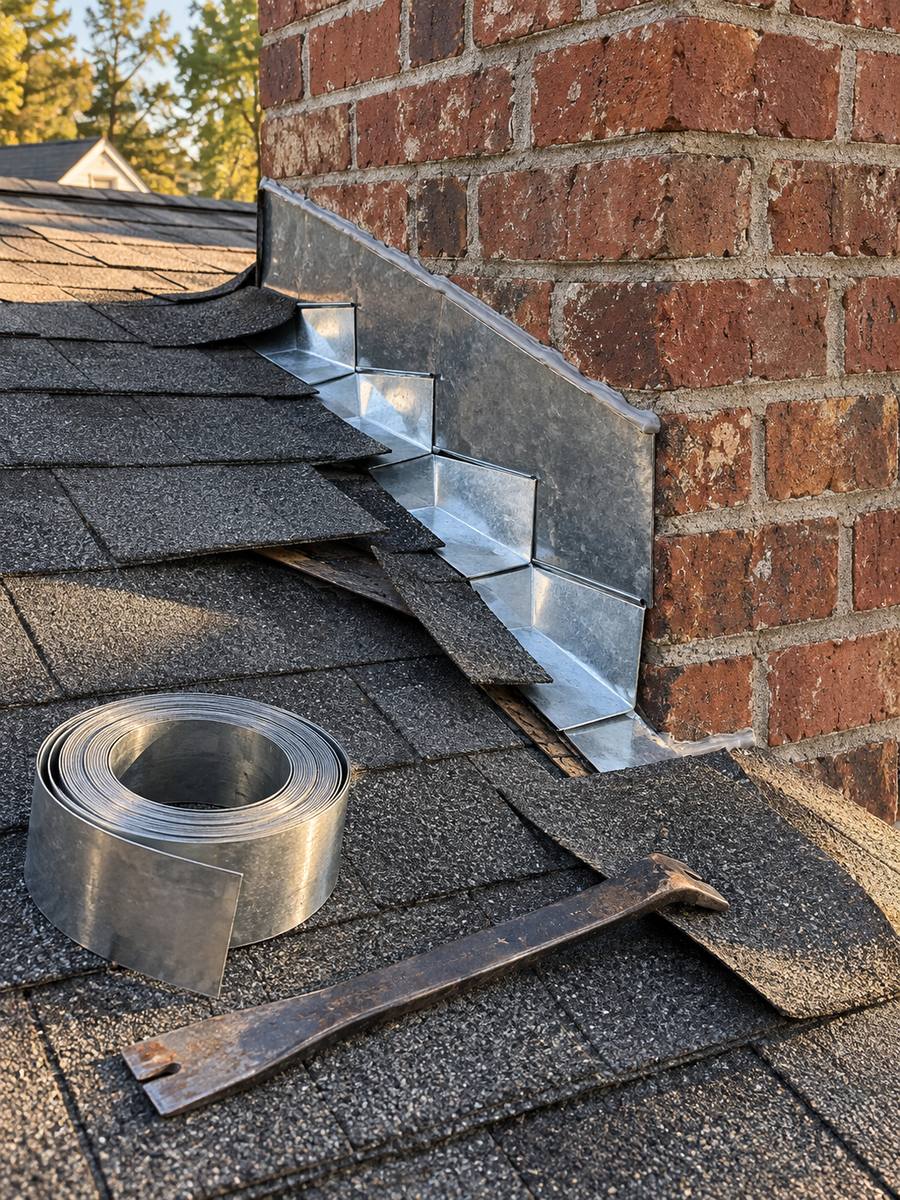 New step flashing being fitted where a brick chimney meets a shingle roof, with a coil of flashing metal and a pry bar beside it