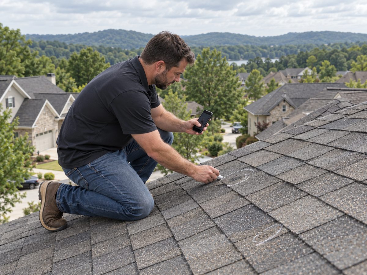 Roofer kneeling on a shingle roof during a storm inspection, photographing damage with a phone and marking it with chalk