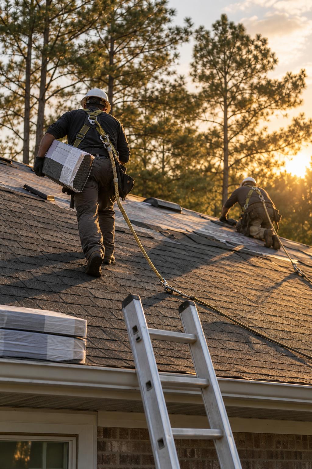 Madewell Exteriors crew carrying shingles up a roof at sunset